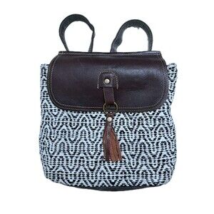 Myra Bag Western Backpack Leather Canvas Flap Black White Leffis Upcycled